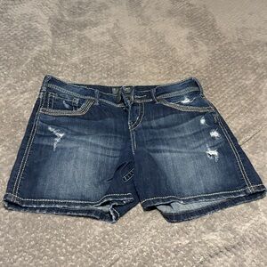 Silver Jeans Dark Blue Distressed Denim Shorts